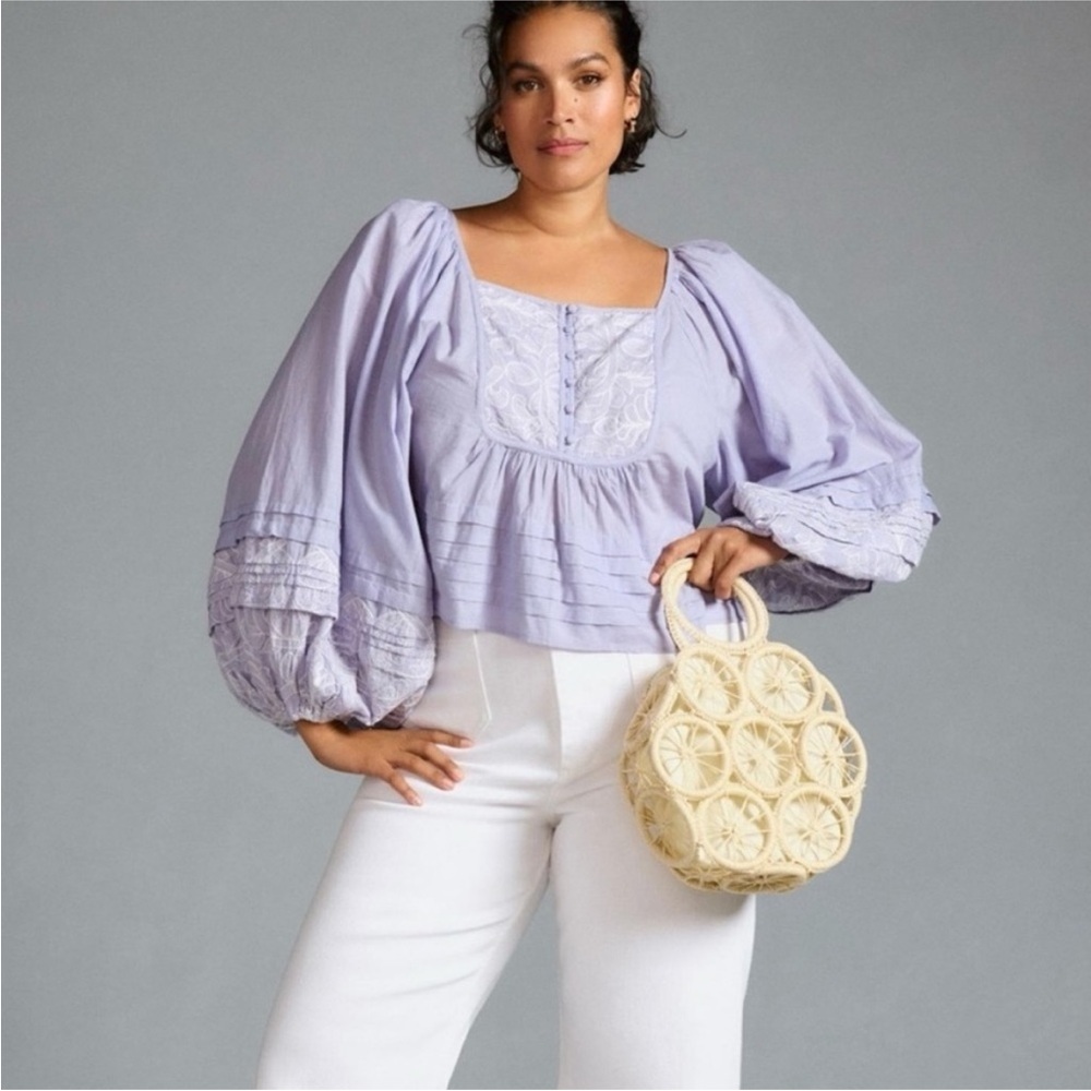 Anthropologie Lace  Babydoll Peasant Blouse in Sky Blue Purple Sz S
